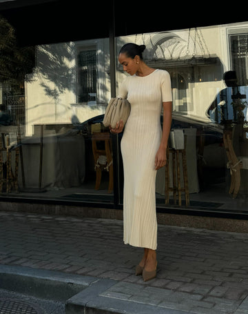 POLLY ribbed short-sleeve dress, champagne
