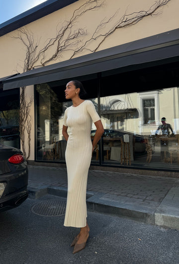 POLLY ribbed short-sleeve dress, champagne