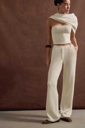 LEO straight leg classic cut merino wool pants, milk
