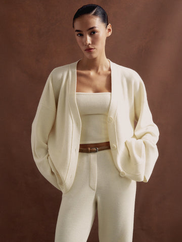 LEO merino wool cardigan with pockets, milk