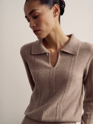 SCARLETT cable knit jumper with pearl button, mocha