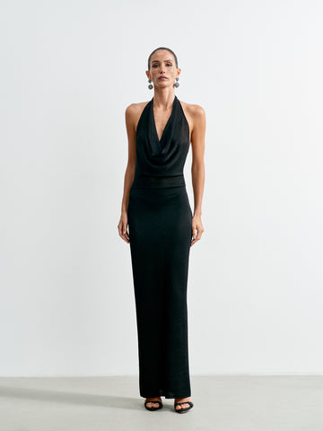EVELYN lurex cowl-neck dress, black