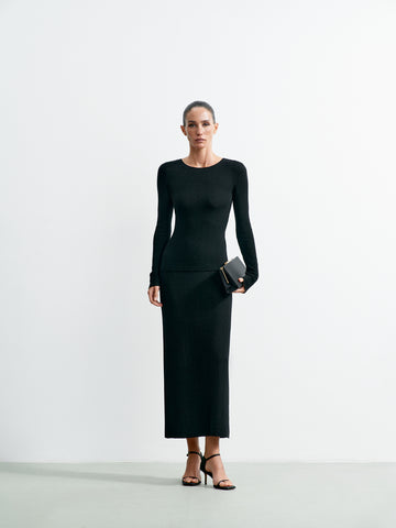 VIVIAN textured merino wool skirt, black