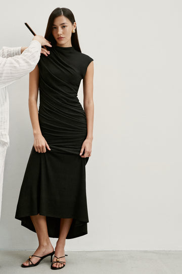 NAOMI draped open-back dress, anthracite