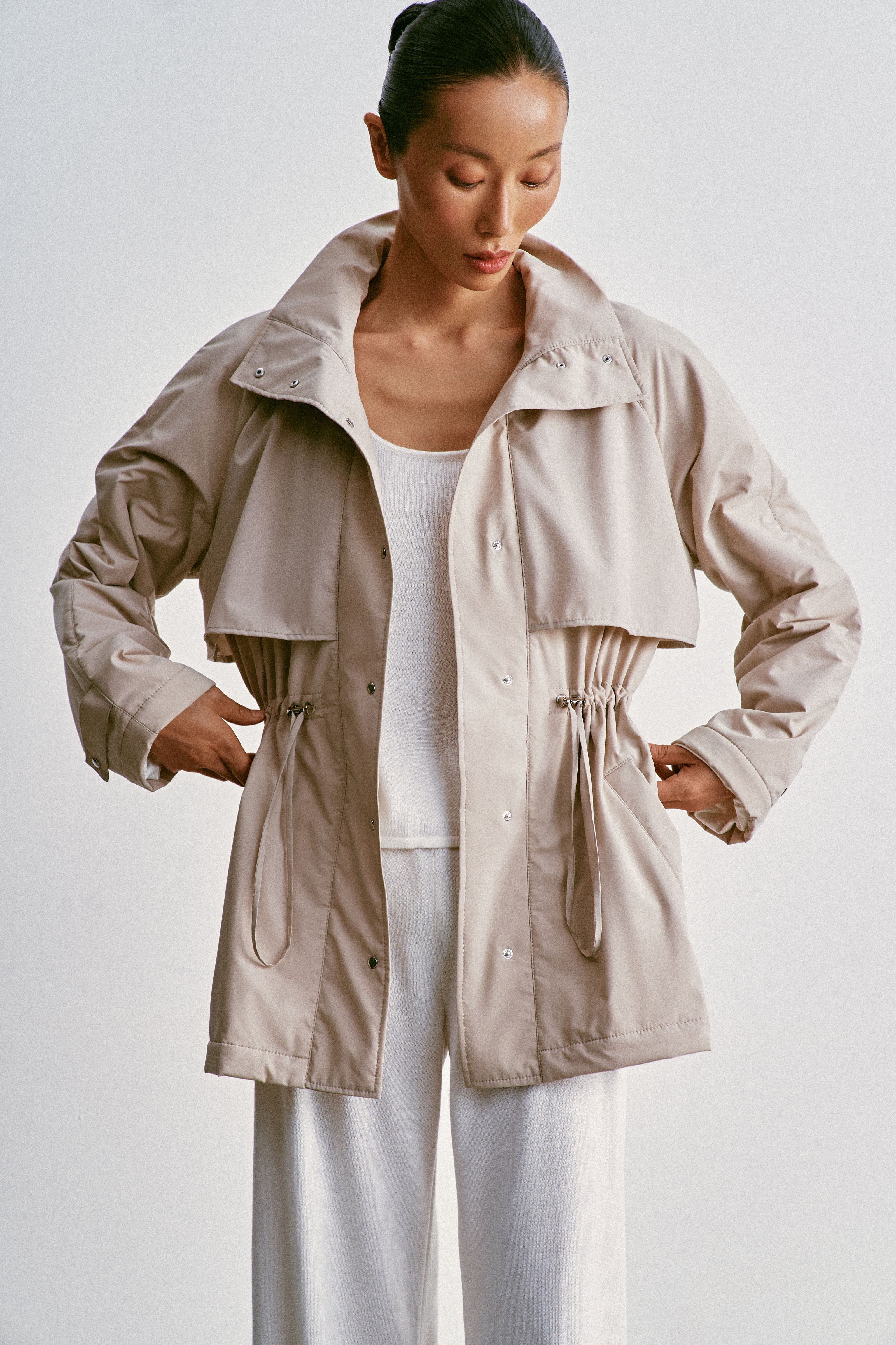 SASHA Drawstring-Waist Windbreaker, light gray