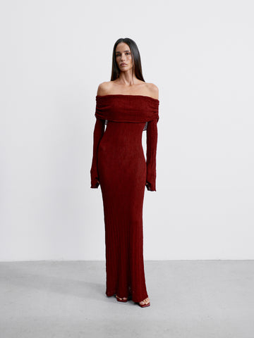 DAVIDA off-shoulder draped dress, burgundy