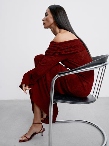 DAVIDA off-shoulder draped dress, burgundy