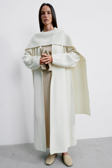 SEVARA merino wool coat with shawl collar, milk