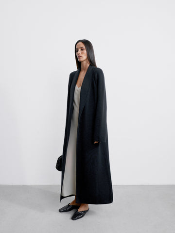 SEVARA merino wool coat with shawl collar, black