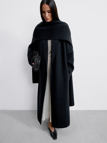 SEVARA merino wool coat with shawl collar, black