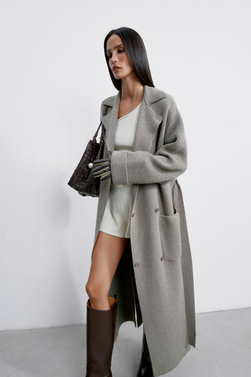 SAHAR oversized cardigan coat with belt, mocha