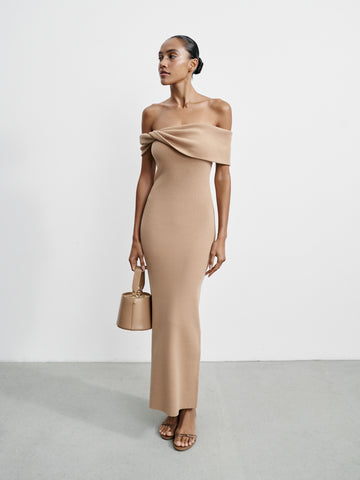 LEVANA off-shoulder draped dress, camel