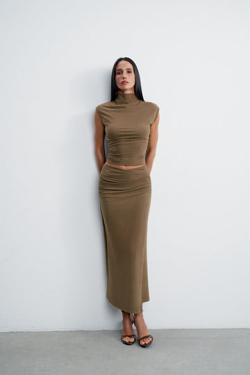 NAOMI ruched top with collar, khaki