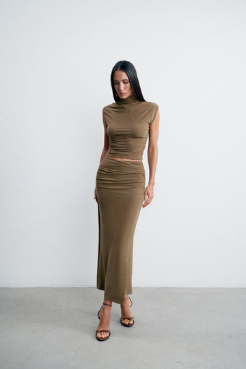 NAOMI ruched wrap skirt, khaki