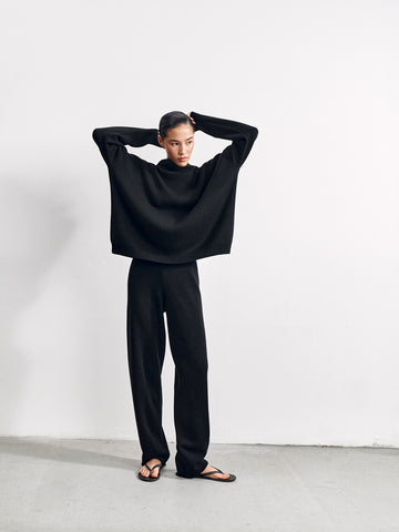 Weekend straight leg high waist merino wool pants, black