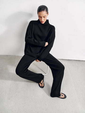 Weekend straight leg high waist merino wool pants, black