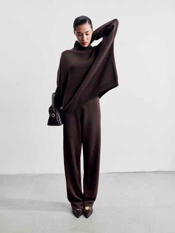 WEEKEND straight leg high waist merino wool pants, chocolate