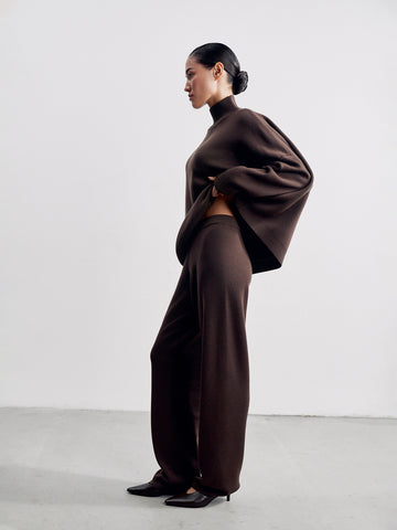 WEEKEND straight leg high waist merino wool pants, chocolate