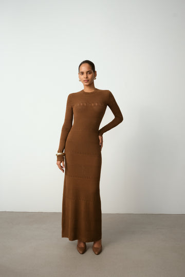 ZELMA lace-knit dress with geometric pattern, hazelnut