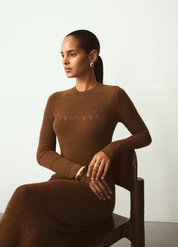 ZELMA lace-knit dress with geometric pattern, hazelnut