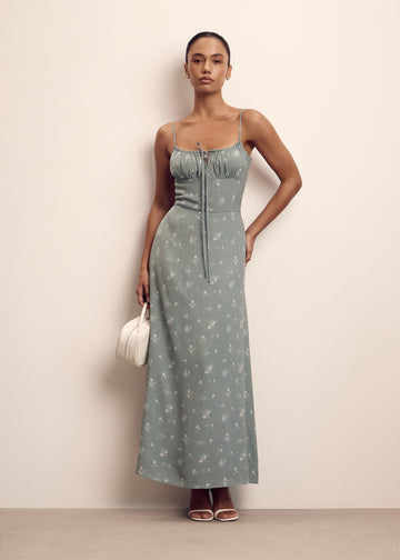 FIBI printed tie-bodice dress, emerald