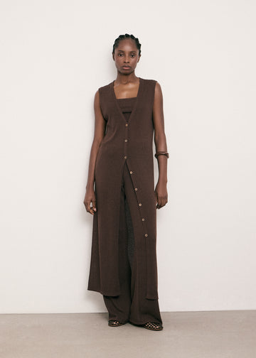 SAINT-TROPEZ sleeveless cotton pointelle knit cardigan, chocolate