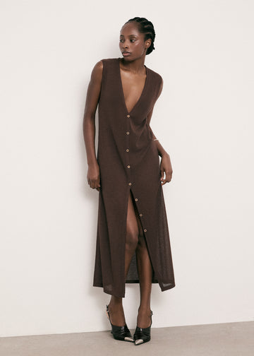 SAINT-TROPEZ sleeveless cotton pointelle knit cardigan, chocolate