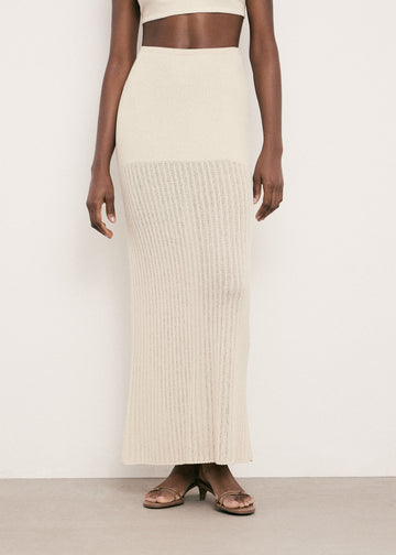 SAINT-TROPEZ openwork knit maxi skirt, beige