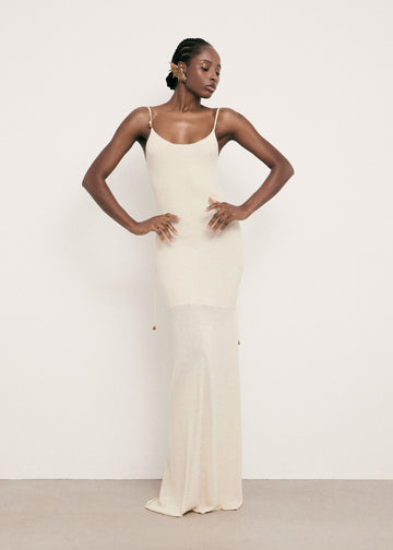 SAINT-TROPEZ open-back dress with beaded straps, beige