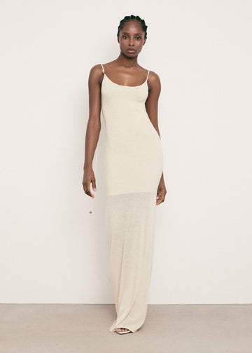 SAINT-TROPEZ open-back dress with beaded straps, beige