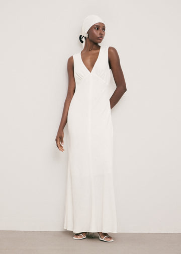 NANCY deep-v gathered dress, ivory