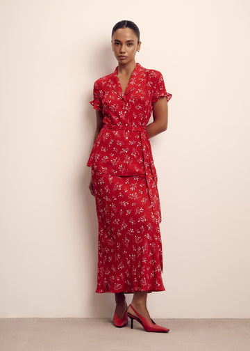 ROSIE ruffled blouse with belt, red