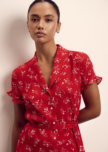 ROSIE ruffled blouse with belt, red