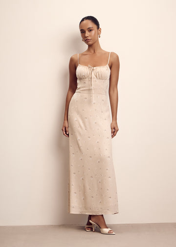 FIBI printed tie-bodice dress, beige