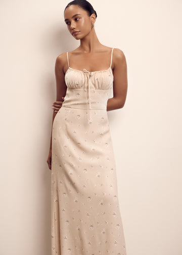FIBI printed tie-bodice dress, beige