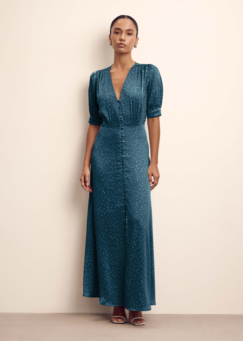 Covered buttons dress, emerald