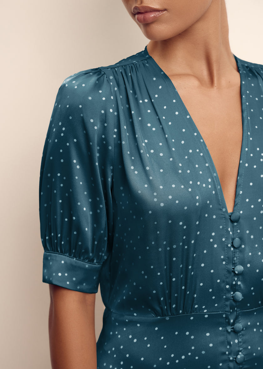 Covered buttons dress, emerald