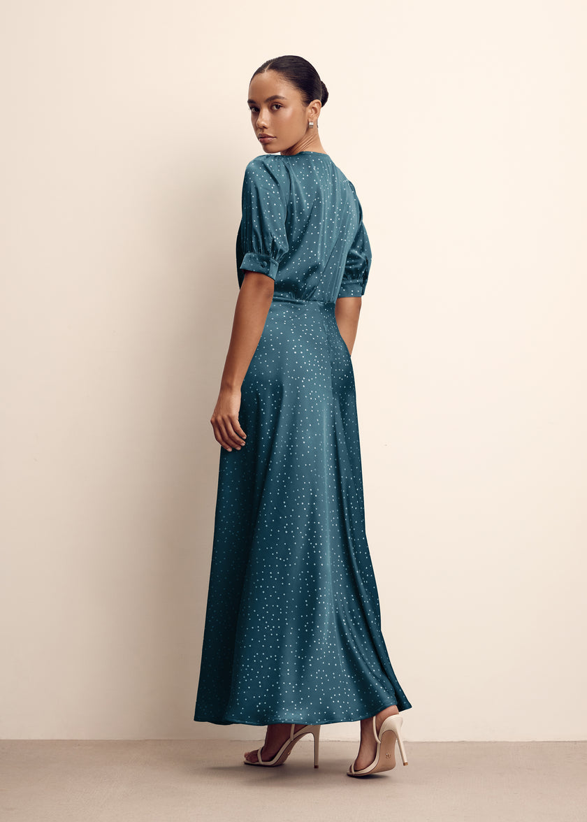 Covered buttons dress, emerald