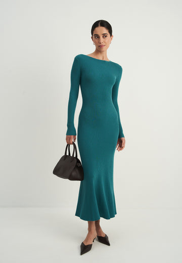 PETRA long-sleeve godet dress, sea wave