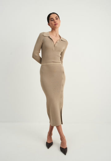 ADEL polo collar dress with button slit, taupe
