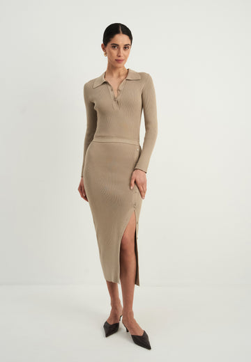 ADEL polo collar dress with button slit, taupe