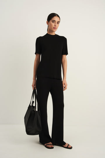 Khayal wide leg viscose pants with accent belt, black