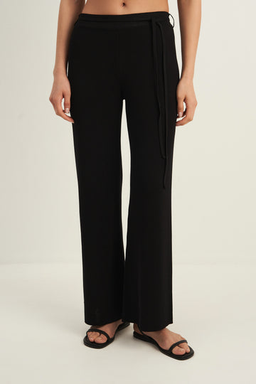 Khayal wide leg viscose pants with accent belt, black