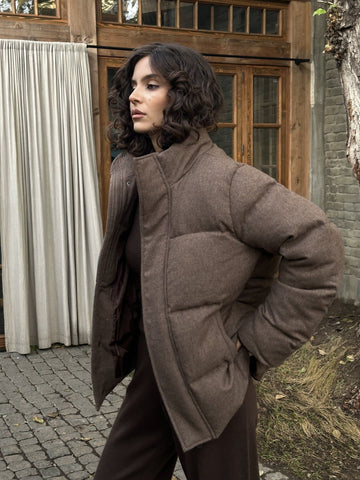 GABI high neck merino wool down jacket, chocolate