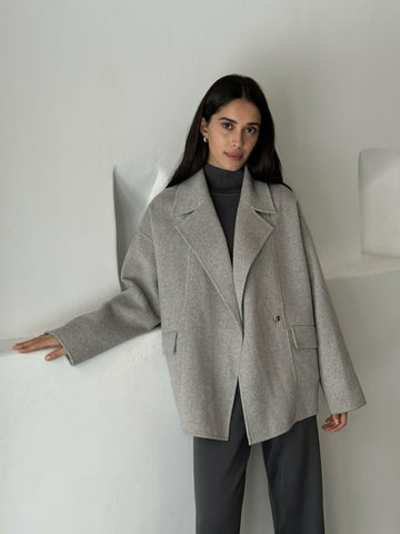 LORENA cropped coat with lapel collar, gray