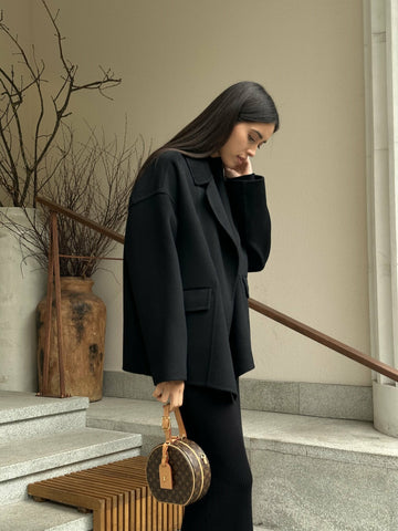 LORENA cropped coat with lapel collar, black