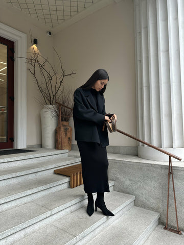LORENA cropped coat with lapel collar, black