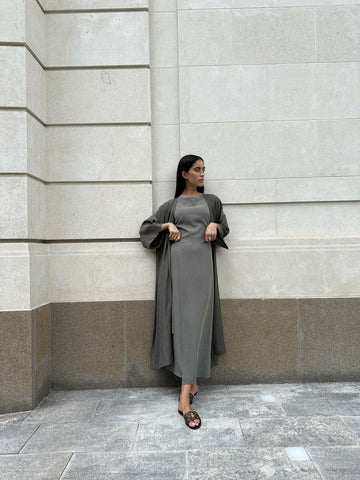 AMBRA dress with detachable overskirt, gray khaki