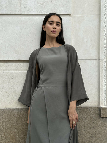 AMBRA dress with detachable overskirt, gray khaki