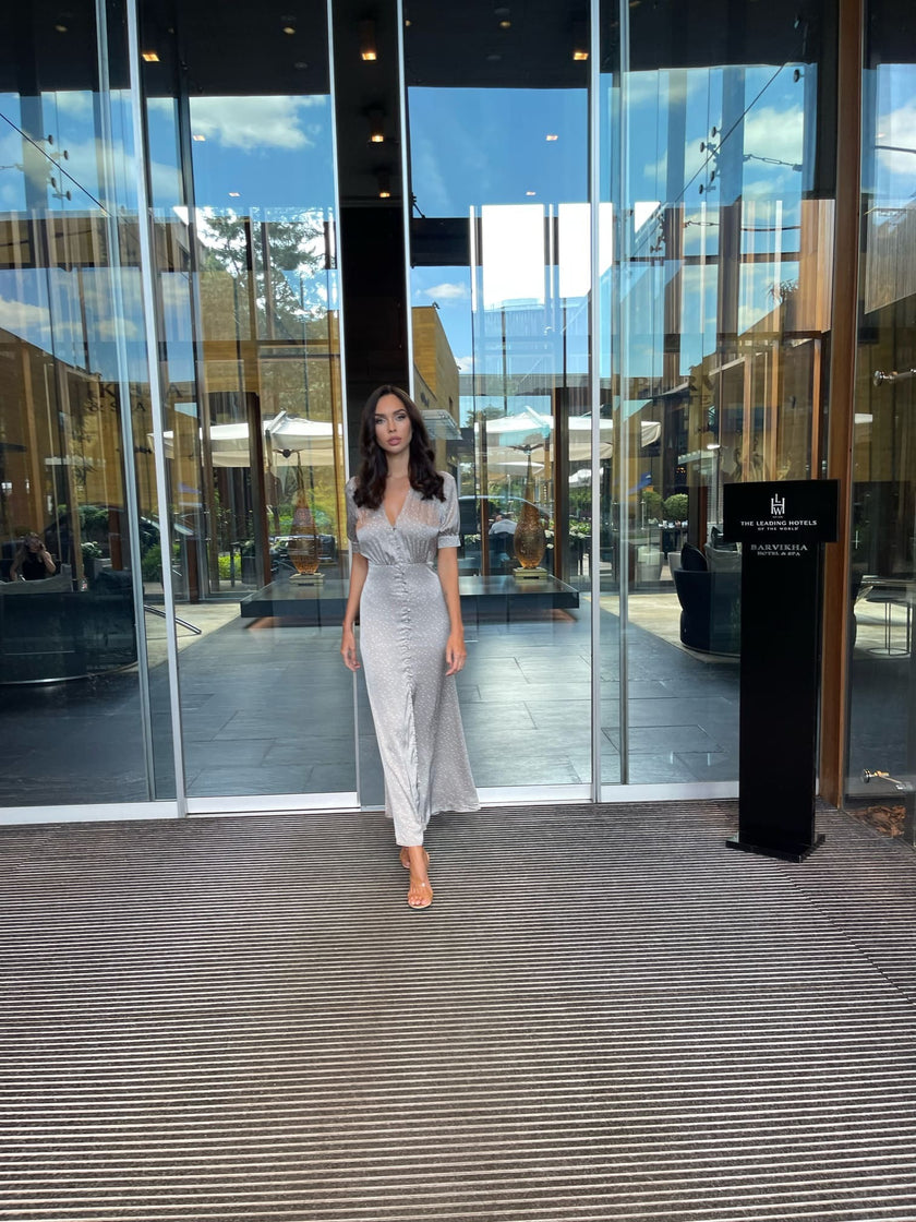 Covered buttons dress, metallic